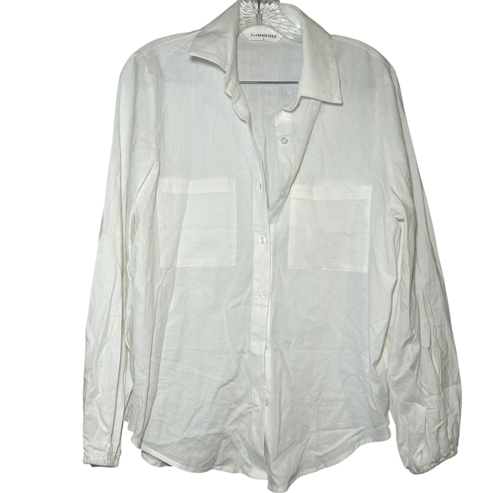 Commense White Cotton Linen Blend Button Down Utility Shirt Small classic career